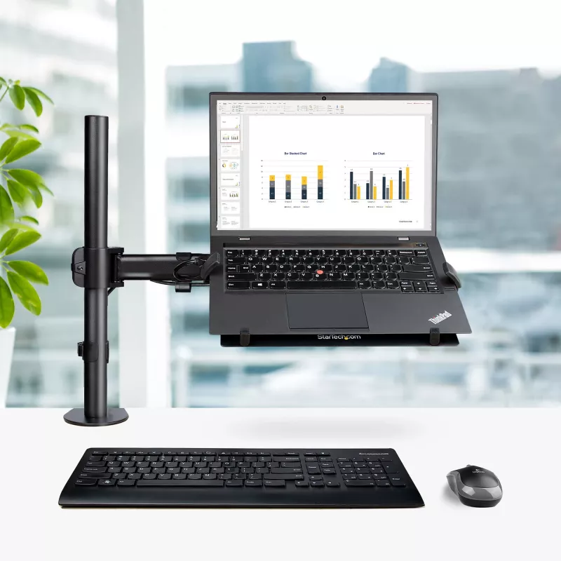 StarTech.com Laptop Desk Mount – monitorų ir nešiojamųjų kompiuterių laikiklis – iki 34 colių (8 kg) ir nešiojamųjų (4,5 kg) – sukama VESA lentyna – spaustuvinis / per angą tvirtinimas