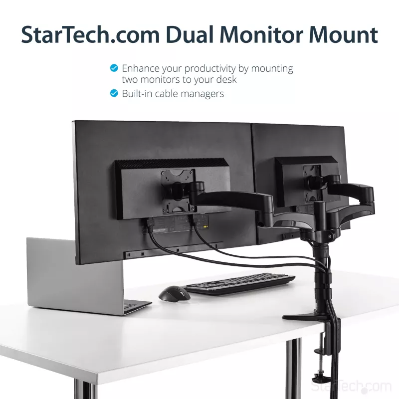 StarTech.com Dviguba monitoriaus rankena tvirtinimui prie stalo - Artikuliuojama, Gnybtas, 13.6 kg, 30.5 cm (12 colių), 61 cm (24 coliai), 100 x 100 mm, Juoda