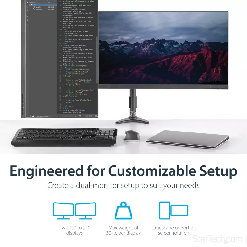 StarTech.com Dviguba monitoriaus rankena tvirtinimui prie stalo - Artikuliuojama, Gnybtas, 13.6 kg, 30.5 cm (12 colių), 61 cm (24 coliai), 100 x 100 mm, Juoda