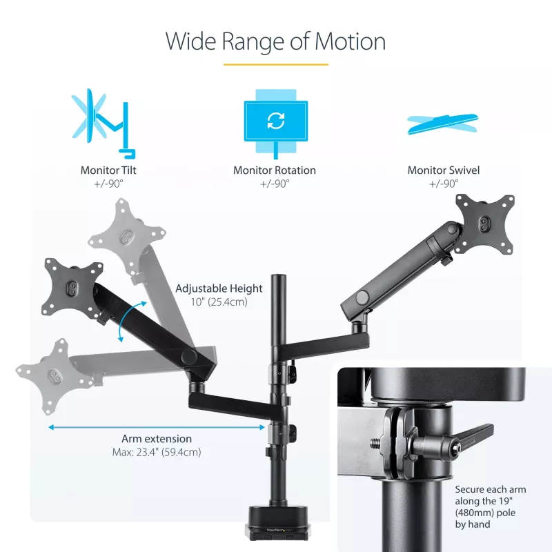 StarTech.com ARMDUALPIVOT Dvigubas monitoriaus laikiklis ant stalo, pilnas judesys, VESA iki 32 colių, 8 kg, reguliuojamas aukštis, spaustuvas / gromet, mechaninė spyruoklė