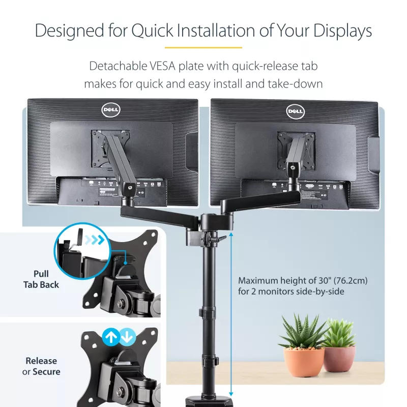 StarTech.com ARMDUALPIVOT Dvigubas monitoriaus laikiklis ant stalo, pilnas judesys, VESA iki 32 colių, 8 kg, reguliuojamas aukštis, spaustuvas / gromet, mechaninė spyruoklė