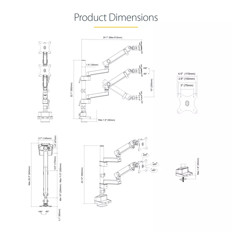StarTech.com ARMDUALPIVOT Dvigubas monitoriaus laikiklis ant stalo, pilnas judesys, VESA iki 32 colių, 8 kg, reguliuojamas aukštis, spaustuvas / gromet, mechaninė spyruoklė