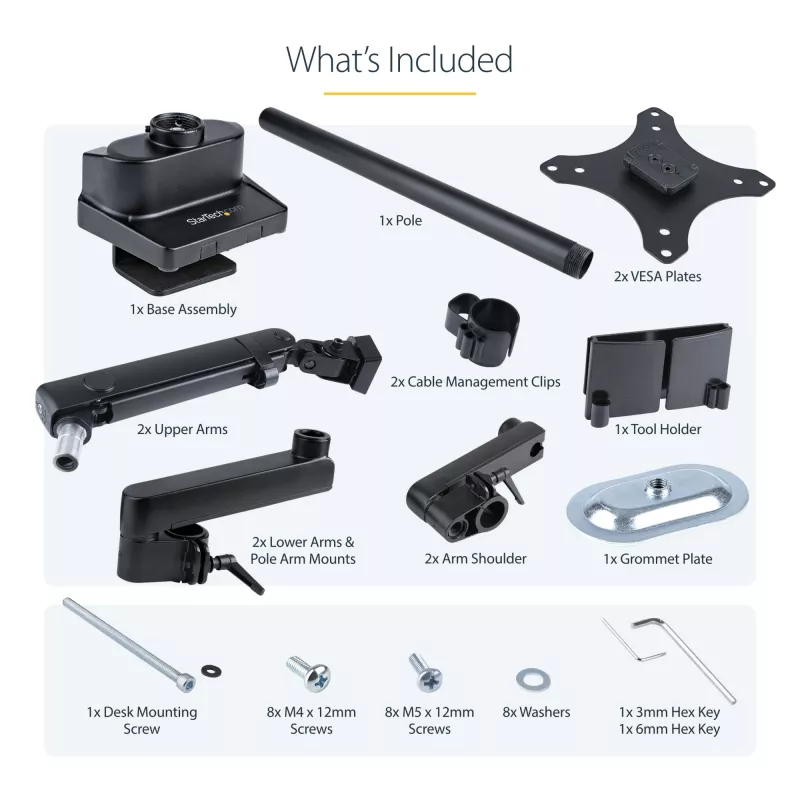 StarTech.com ARMDUALPIVOT Dvigubas monitoriaus laikiklis ant stalo, pilnas judesys, VESA iki 32 colių, 8 kg, reguliuojamas aukštis, spaustuvas / gromet, mechaninė spyruoklė