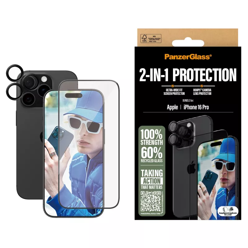 PanzerGlass B2862+1284 apsaugos komplektas 2 viename (ekranas + kameros objektyvas) Apple iPhone 16 Pro 6,3 colio telefonui, juodas rėmas