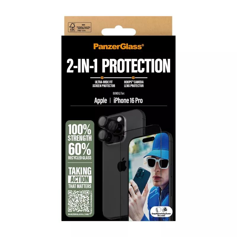 PanzerGlass B2862+1284 apsaugos komplektas 2 viename (ekranas + kameros objektyvas) Apple iPhone 16 Pro 6,3 colio telefonui, juodas rėmas