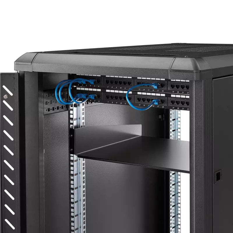 StarTech.com 2U lentyna serverio stovui – universali konsolinė lentyna 19 colių tinklo įrangos stovui – tvirtas plienas – svorio talpa 20 kg – 16 colių gylio padėklas, juoda