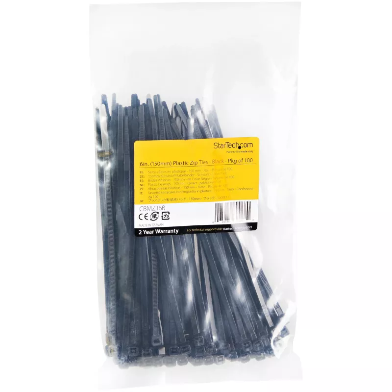 StarTech.com 100 vnt. 15 cm kabelių raiščiai - 3,6 mm pločio, 39 mm ryšulio skersmuo, 18 kg tempimo stipris, nailoniniai užtraukiami raiščiai su lenktu galu, UL sertifikuoti, juodi - TAA