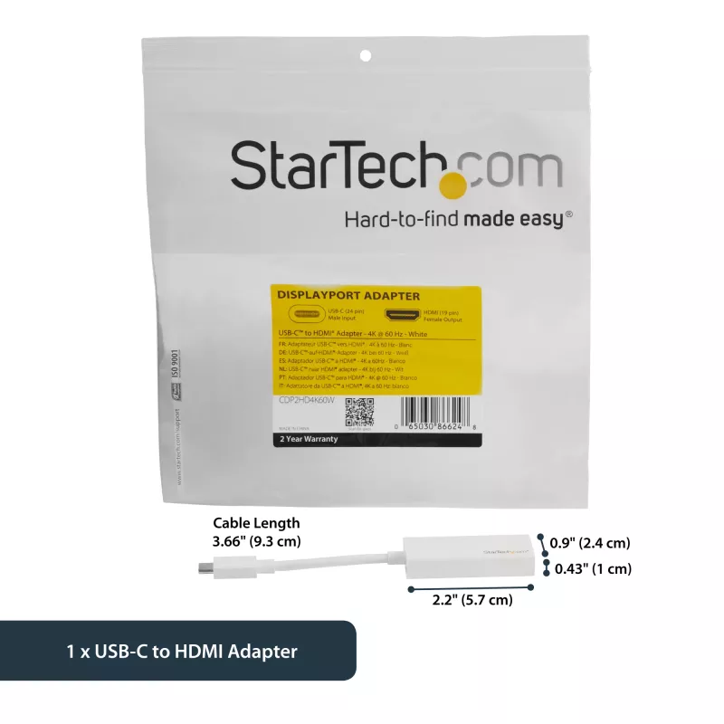 StarTech.com USB-C į HDMI adapteris - Baltas - 4K 60Hz, USB Type-C, HDMI išvestis, 3840 x 2160 pikseliai
