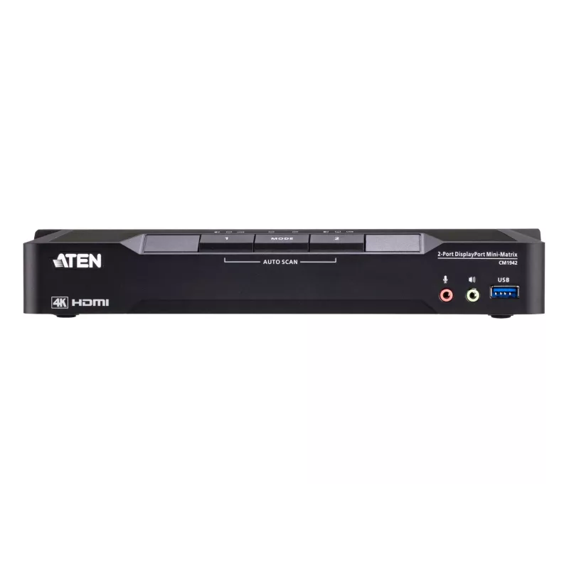 ATEN CM1942 2 prievadų 4K DisplayPort dviejų ekranų mini matricos „Boundless“ KVM jungiklis