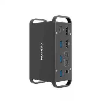 Dokavimo stotelė CANYON CNS-HDS95ST – USB-C (USB 3.2 Gen 2) su 2× HDMI, 2× USB 3.2 Gen1, 2× USB 2.0, Gigabit Ethernet, 100 W, aliuminis, juoda