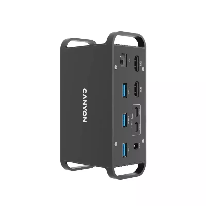 Dokavimo stotelė CANYON CNS-HDS95ST – USB-C (USB 3.2 Gen 2) su 2× HDMI, 2× USB 3.2 Gen1, 2× USB 2.0, Gigabit Ethernet, 100 W, aliuminis, juoda