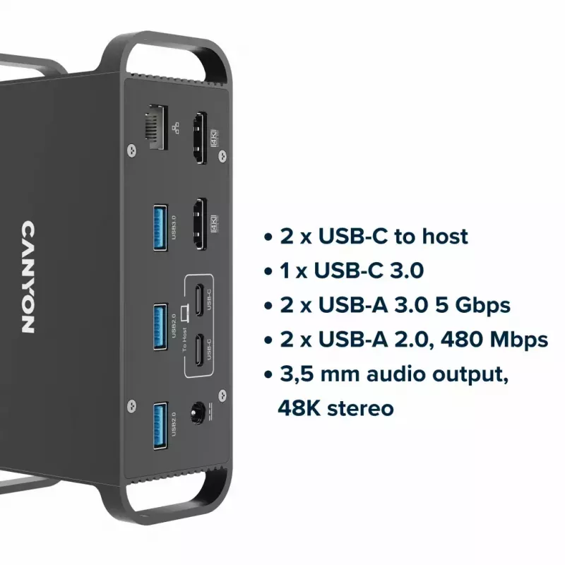 Dokavimo stotelė CANYON CNS-HDS95ST – USB-C (USB 3.2 Gen 2) su 2× HDMI, 2× USB 3.2 Gen1, 2× USB 2.0, Gigabit Ethernet, 100 W, aliuminis, juoda