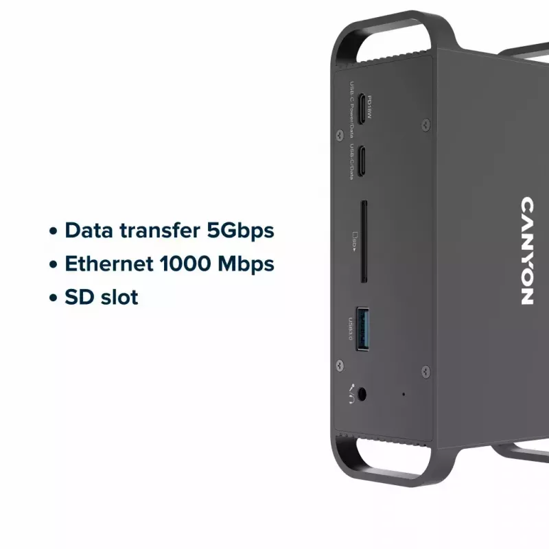 Dokavimo stotelė CANYON CNS-HDS95ST – USB-C (USB 3.2 Gen 2) su 2× HDMI, 2× USB 3.2 Gen1, 2× USB 2.0, Gigabit Ethernet, 100 W, aliuminis, juoda