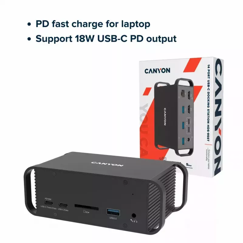 Dokavimo stotelė CANYON CNS-HDS95ST – USB-C (USB 3.2 Gen 2) su 2× HDMI, 2× USB 3.2 Gen1, 2× USB 2.0, Gigabit Ethernet, 100 W, aliuminis, juoda