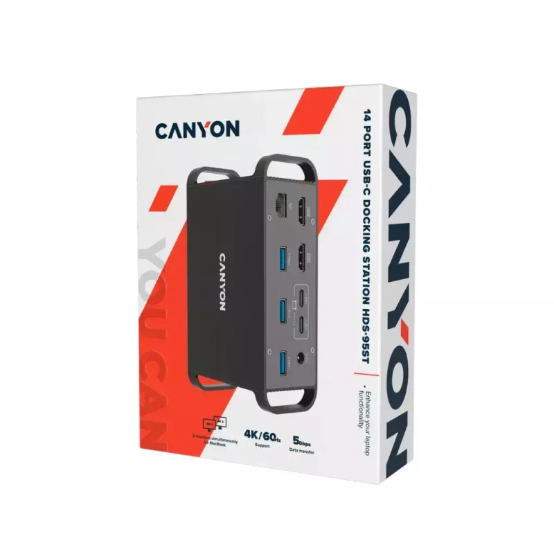 Dokavimo stotelė CANYON CNS-HDS95ST – USB-C (USB 3.2 Gen 2) su 2× HDMI, 2× USB 3.2 Gen1, 2× USB 2.0, Gigabit Ethernet, 100 W, aliuminis, juoda
