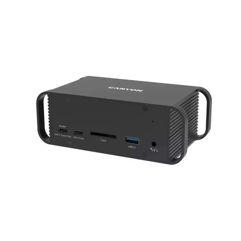 Dokavimo stotelė CANYON CNS-HDS95ST – USB-C (USB 3.2 Gen 2) su 2× HDMI, 2× USB 3.2 Gen1, 2× USB 2.0, Gigabit Ethernet, 100 W, aliuminis, juoda