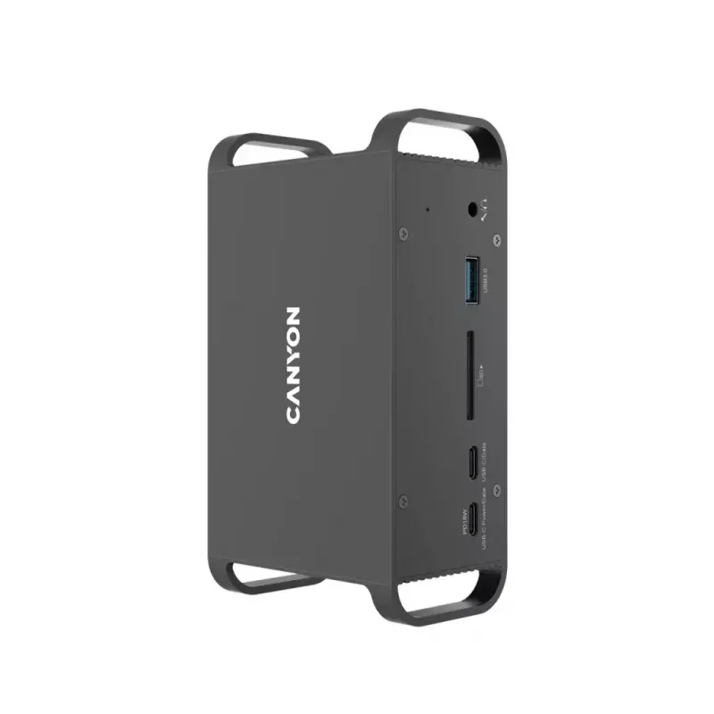 Dokavimo stotelė CANYON CNS-HDS95ST – USB-C (USB 3.2 Gen 2) su 2× HDMI, 2× USB 3.2 Gen1, 2× USB 2.0, Gigabit Ethernet, 100 W, aliuminis, juoda