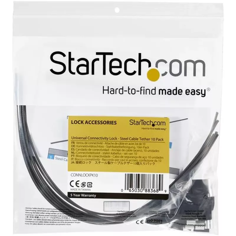 „StarTech.com“ 10 vnt. rinkinys apsauginių kabelių raištelių adapteriams ir raktams – universalus kabelio adapterio raištelis – reguliuojamo ilgio apsauginis kabelio raištelis su užraktu – plieninis
