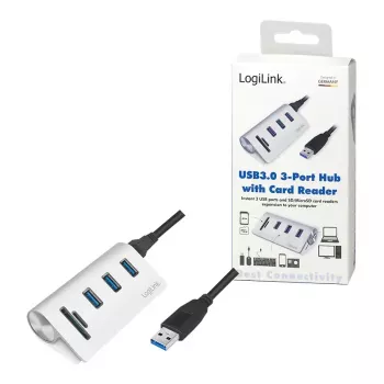 USB 3.0 šakotuvas su kortelių skaitytuvu LogiLink CR0045, aliuminis, sidabrinis