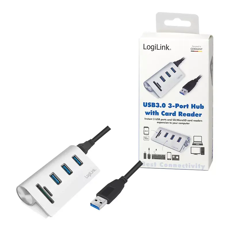 USB 3.0 šakotuvas su kortelių skaitytuvu LogiLink CR0045, aliuminis, sidabrinis