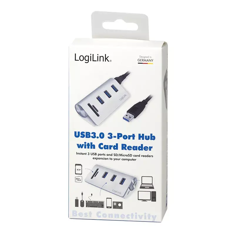 USB 3.0 šakotuvas su kortelių skaitytuvu LogiLink CR0045, aliuminis, sidabrinis