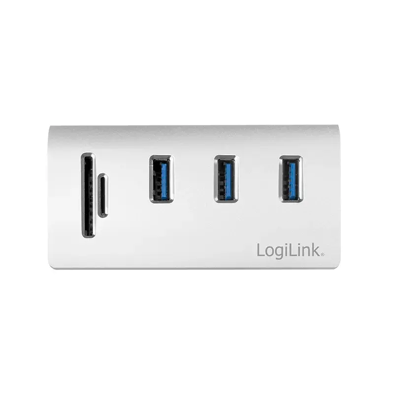 USB 3.0 šakotuvas su kortelių skaitytuvu LogiLink CR0045, aliuminis, sidabrinis