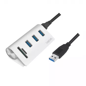 USB 3.0 šakotuvas su kortelių skaitytuvu LogiLink CR0045, aliuminis, sidabrinis