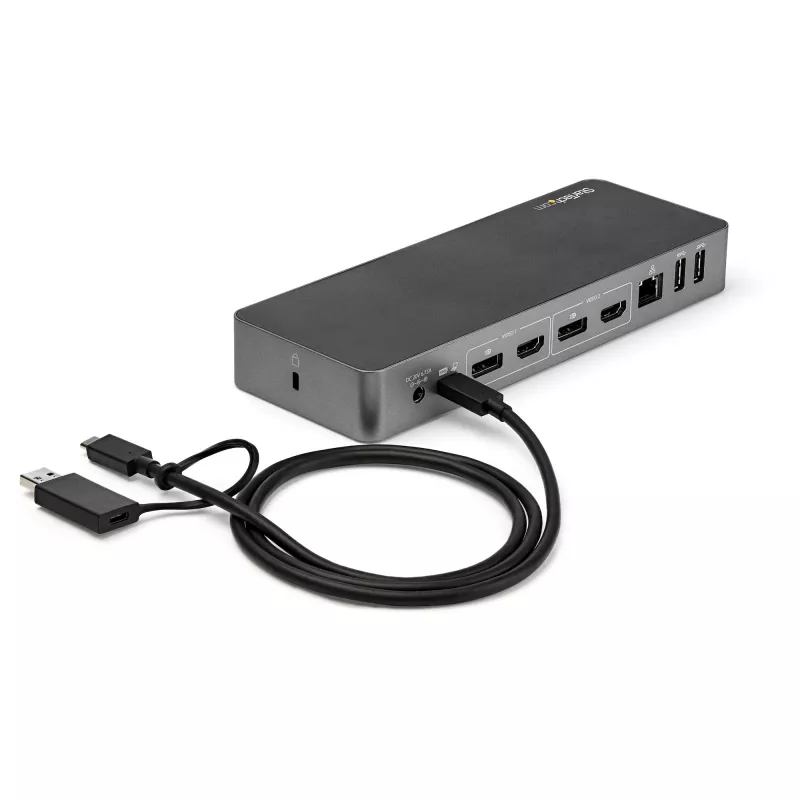 StarTech.com Universali nešiojamojo kompiuterio dokų stotelė, Hibridinė USB-C ir USB-A, Dvigubas 4K DP ir HDMI, 60W PD, Mac / Windows / Chrome OS, 4x USB 5Gbps šakotuvas, GbE