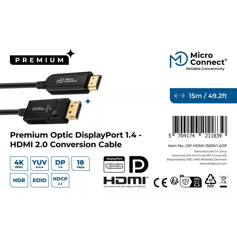 Microconnect DP-HDMI-1500V1.4OP vaizdo kabelio adapteris 15 m DisplayPort HDMI juodas