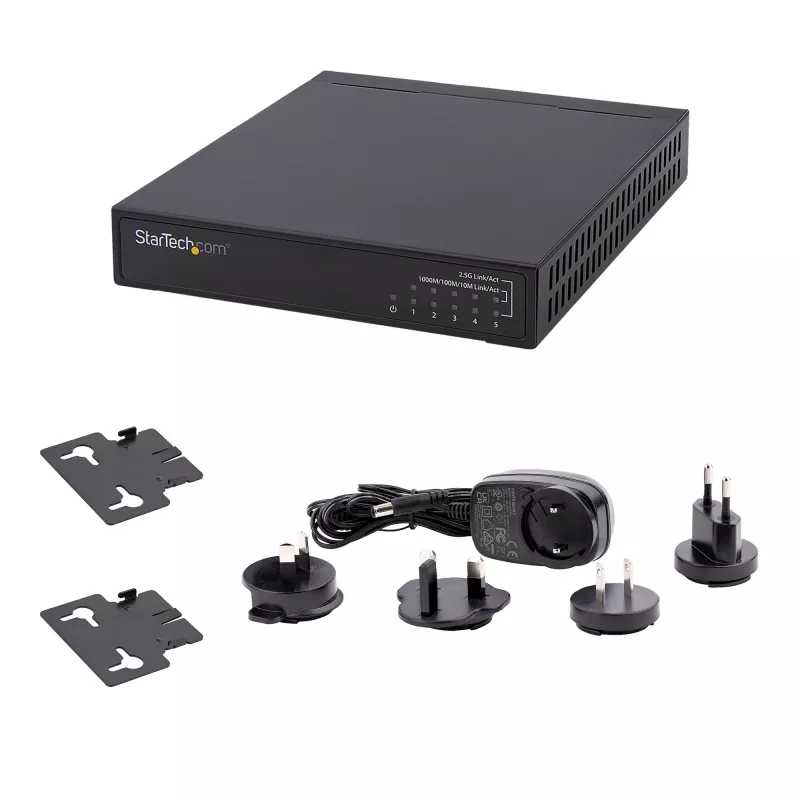StarTech.com nevaldomas 2,5G jungiklis - 5 prievadų gigabitas - 2,5GBASE-T nevaldomas Ethernet jungiklis - Ethernet skirstytuvas - bėgeliams arba ant sienos - multi-gigabitas - Auto-MDIX - 9K dideli rėmeliai