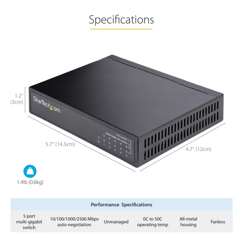 StarTech.com nevaldomas 2,5G jungiklis - 5 prievadų gigabitas - 2,5GBASE-T nevaldomas Ethernet jungiklis - Ethernet skirstytuvas - bėgeliams arba ant sienos - multi-gigabitas - Auto-MDIX - 9K dideli rėmeliai