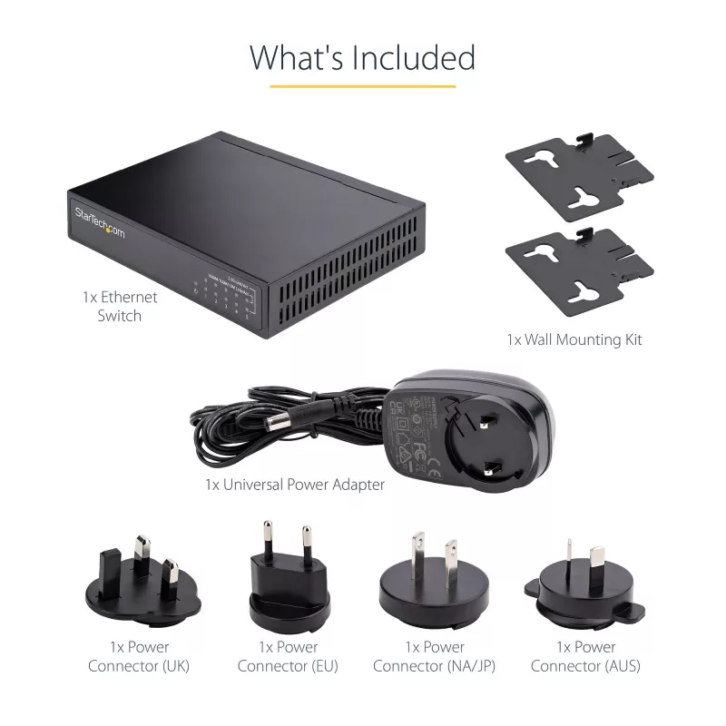 StarTech.com nevaldomas 2,5G jungiklis - 5 prievadų gigabitas - 2,5GBASE-T nevaldomas Ethernet jungiklis - Ethernet skirstytuvas - bėgeliams arba ant sienos - multi-gigabitas - Auto-MDIX - 9K dideli rėmeliai