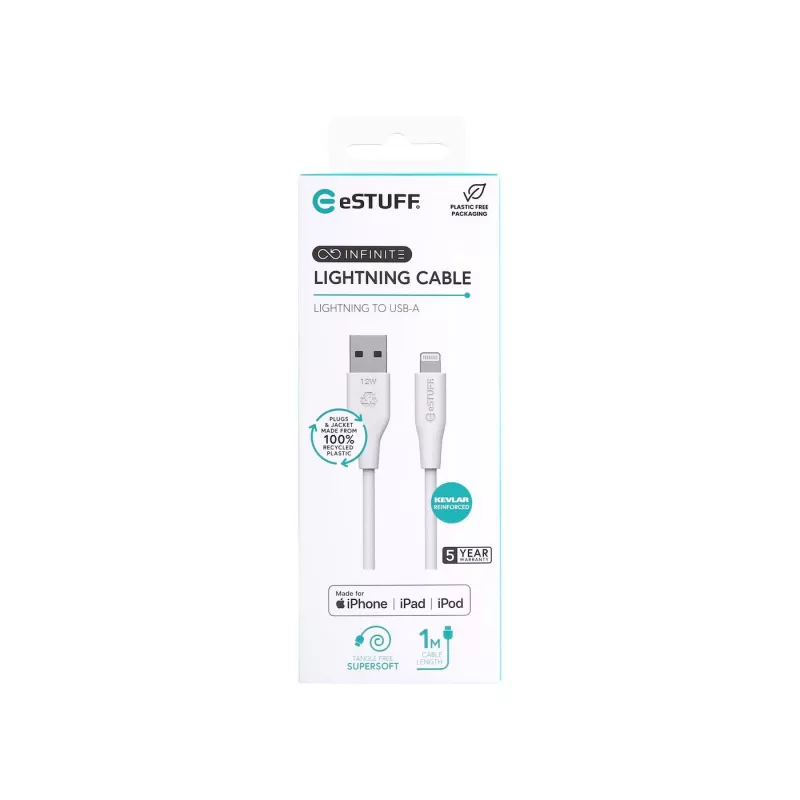 eSTUFF ES601170 INFINITE Super Soft baltas kabelis USB-A–Lightning, MFi, 1 m, iš perdirbto TPE