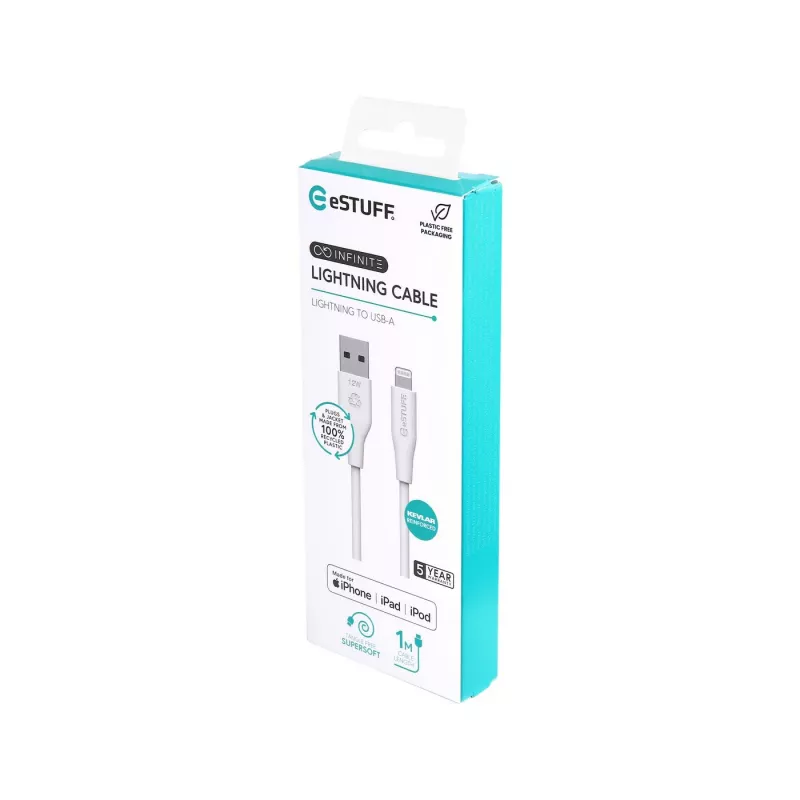 eSTUFF ES601170 INFINITE Super Soft baltas kabelis USB-A–Lightning, MFi, 1 m, iš perdirbto TPE
