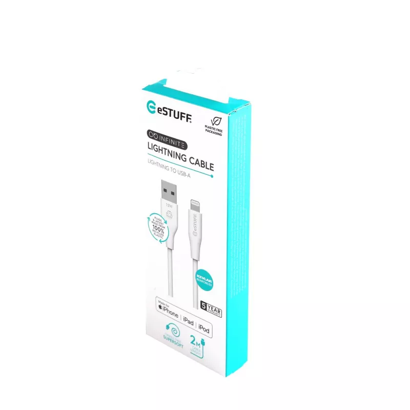 eSTUFF ES601270 INFINITE baltas kabelis USB-A–Lightning, MFi, 2 m, iš 100 % perdirbto plastiko