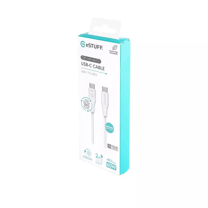 eSTUFF ES604270 INFINITE USB-C/USB-C laidas, USB 2.0, PD 60 W, 2 m, baltas, 100 % perdirbtas plastikas