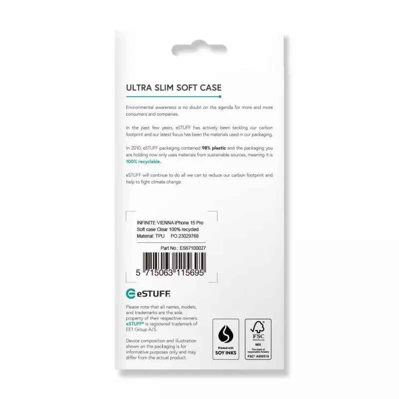 eSTUFF Infinite Vienna ES67100027 galinis dangtelis telefonui iPhone 15 Pro, suderinamas su MagSafe, TPU, skaidrus