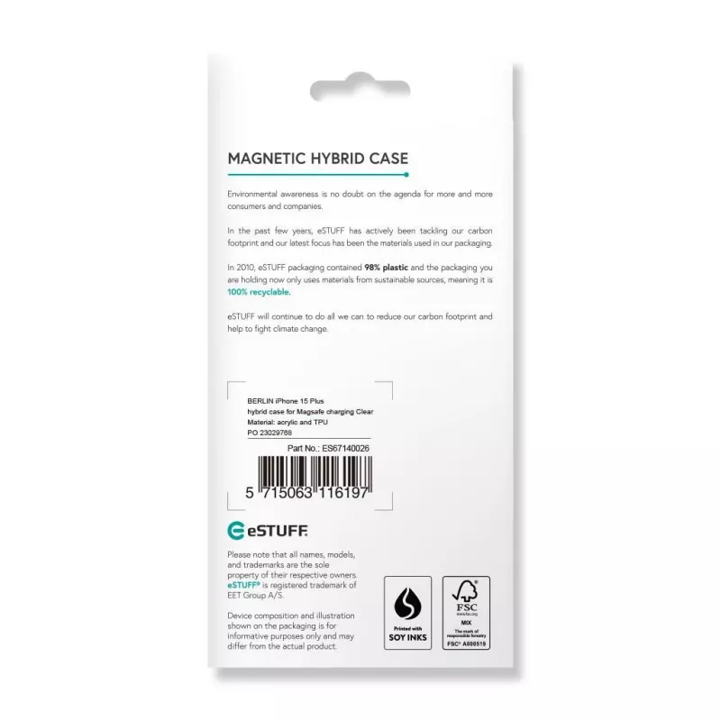 eSTUFF ES67140026 dėklas iPhone 15 Plus 6,7 inch (17 cm) permatomas hibridinis su MagSafe