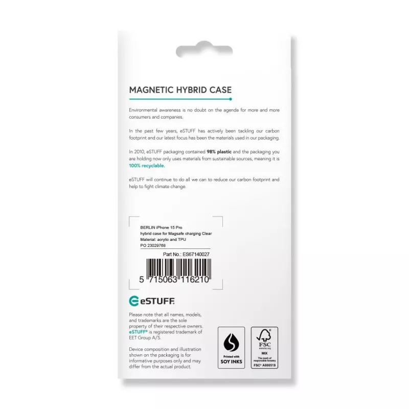 eSTUFF ES67140027 apsauginis dėklas iPhone 15 Pro (6,1 colio, 15,5 cm) permatomas