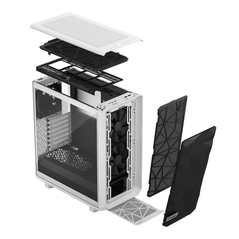 Korpusas PC Fractal Design Meshify 2 Compact — Baltas, ATX PSU, 2x140mm priekyje, 1x120mm gale, 2.5/3.5 colio diskai, 210×424×475 mm