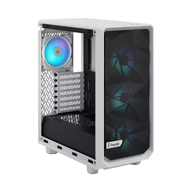 Korpusas Fractal Design Meshify 2 Compact RGB White — ATX/microATX/Mini-ITX, 4x120 mm RGB ventiliatoriai priekyje, 1x120 mm gale, 2.5/3.5 colio diskai