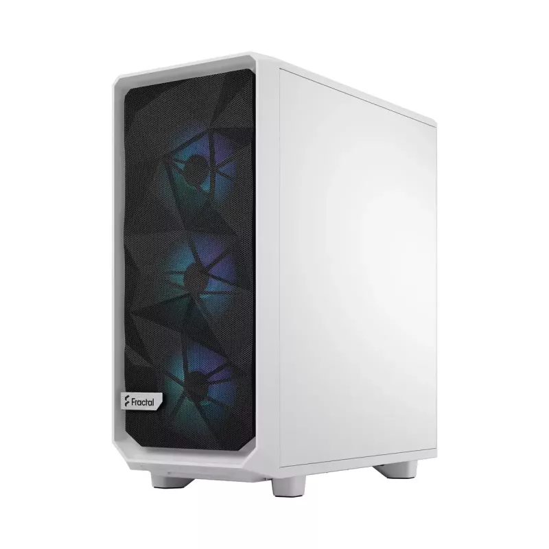 Korpusas Fractal Design Meshify 2 Compact RGB White — ATX/microATX/Mini-ITX, 4x120 mm RGB ventiliatoriai priekyje, 1x120 mm gale, 2.5/3.5 colio diskai