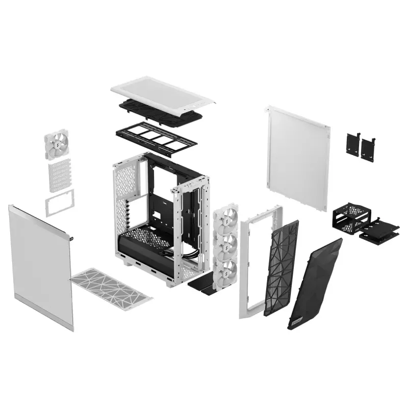Korpusas Fractal Design Meshify 2 Compact RGB White — ATX/microATX/Mini-ITX, 4x120 mm RGB ventiliatoriai priekyje, 1x120 mm gale, 2.5/3.5 colio diskai