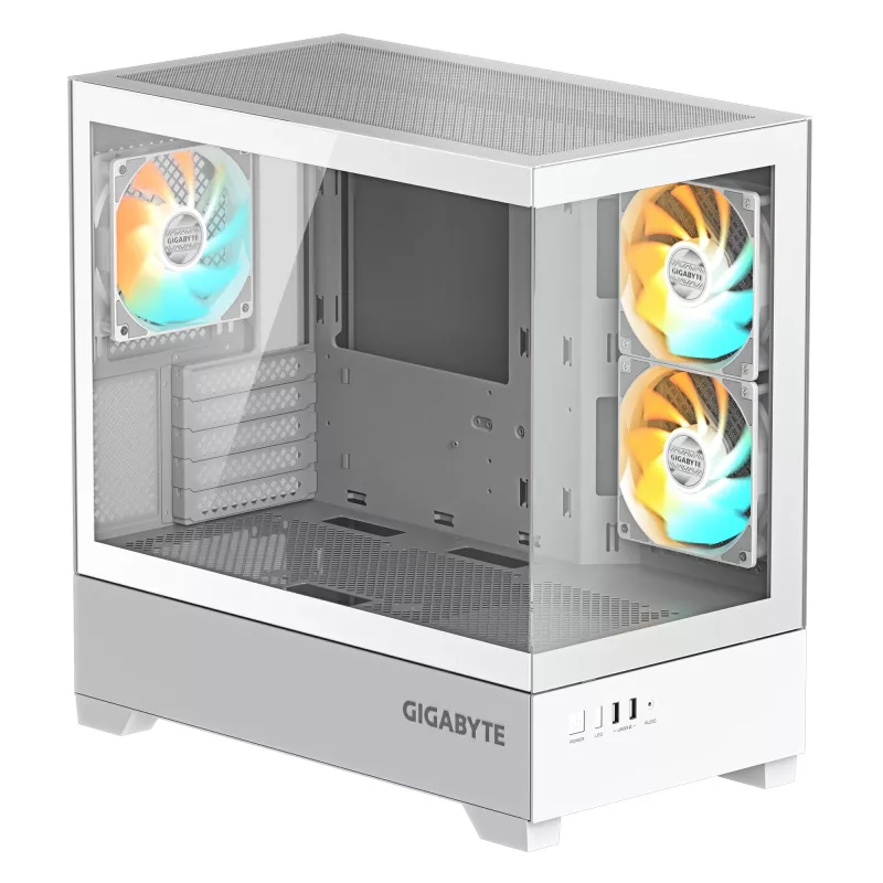 GIGABYTE C201 PANORAMIC ICE kompiuterio korpusas - Mid Tower, m-ATX, 360 mm radiatoriaus palaikymas, 3 iš anksto sumontuoti ventiliatoriai, USB 3.0, RGB Fusion palaikymas