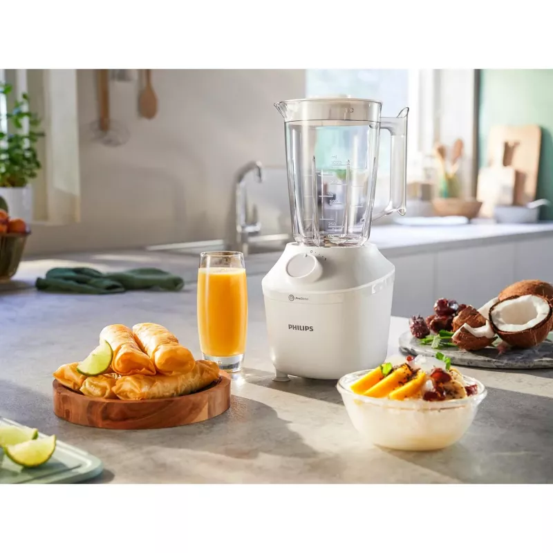 Stalo blenderis Philips HR2041/00 — 450 W, 1,9 L plastikinis dubuo, nerūdijančio plieno peiliai, baltas