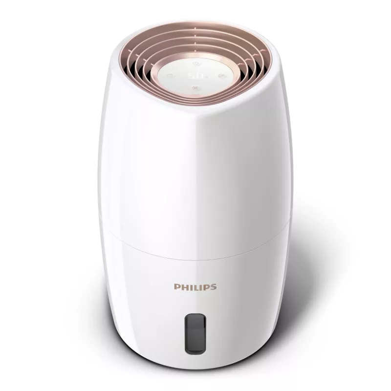 Oro drėkintuvas Philips HU2716/10 — 2 L talpa, 17 W, 220–240 V, baltas/rožinis auksas, kompaktiškas 220×220×350 mm