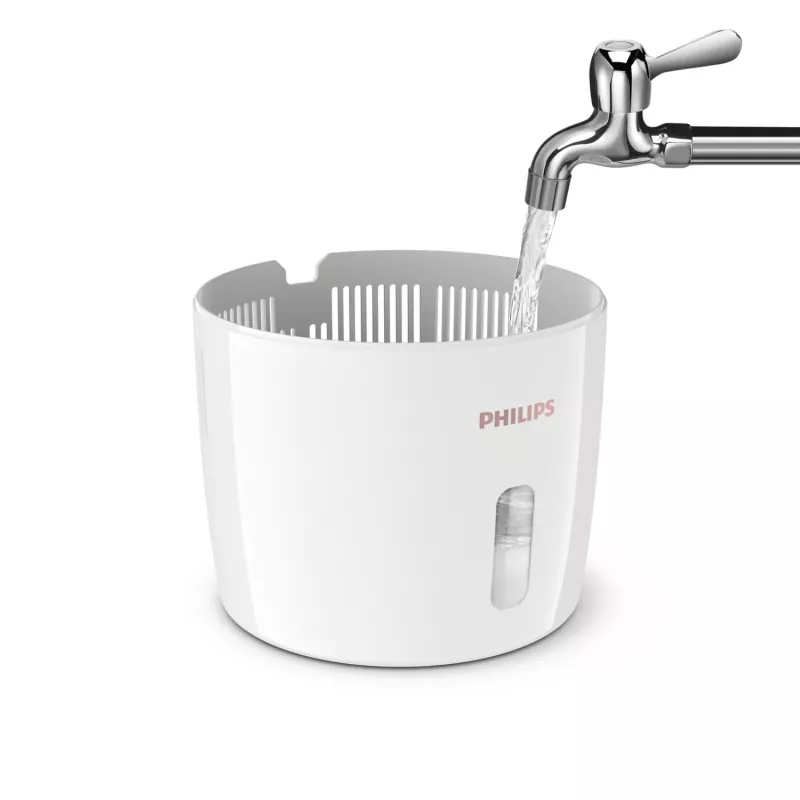Oro drėkintuvas Philips HU2716/10 — 2 L talpa, 17 W, 220–240 V, baltas/rožinis auksas, kompaktiškas 220×220×350 mm