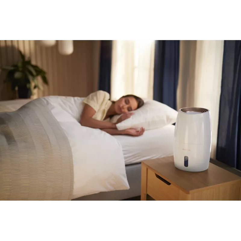 Oro drėkintuvas Philips HU2716/10 — 2 L talpa, 17 W, 220–240 V, baltas/rožinis auksas, kompaktiškas 220×220×350 mm