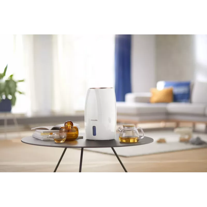 Oro drėkintuvas Philips HU2716/10 — 2 L talpa, 17 W, 220–240 V, baltas/rožinis auksas, kompaktiškas 220×220×350 mm