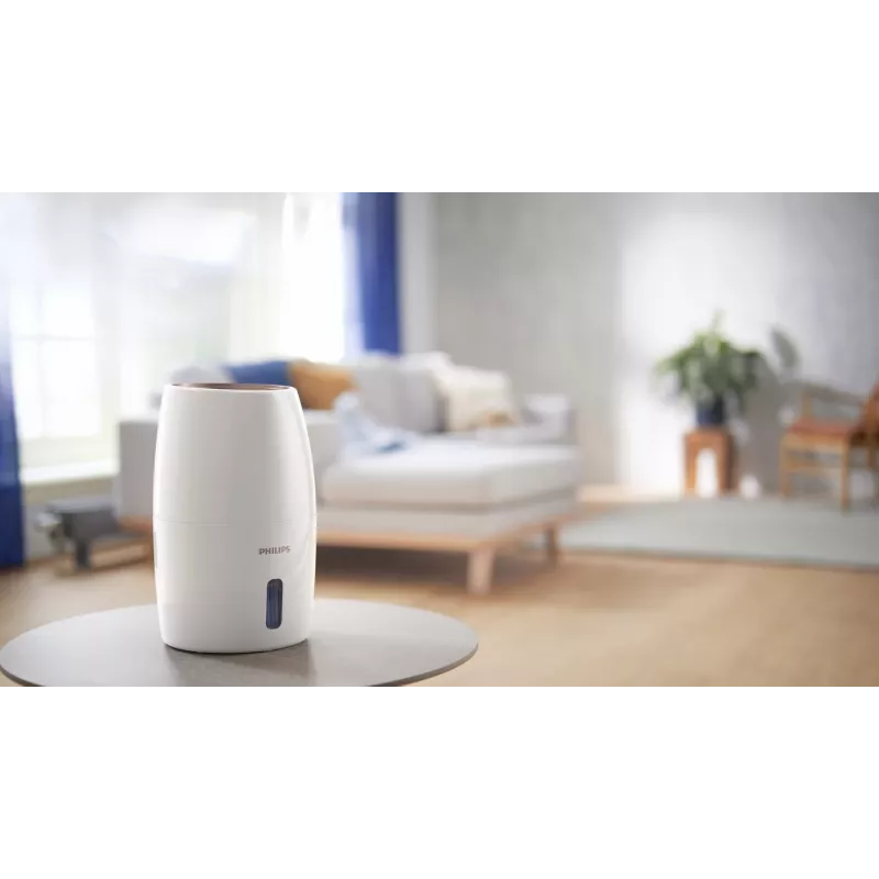Oro drėkintuvas Philips HU2716/10 — 2 L talpa, 17 W, 220–240 V, baltas/rožinis auksas, kompaktiškas 220×220×350 mm